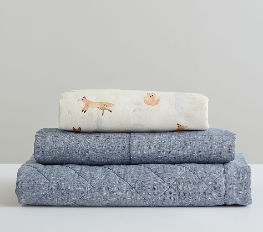 Fox Quilt Set, Fox Flannel Crib Fitted Sheet, Indigo Linen Quilt, Indigo Linen Crib Skirt - Image 0