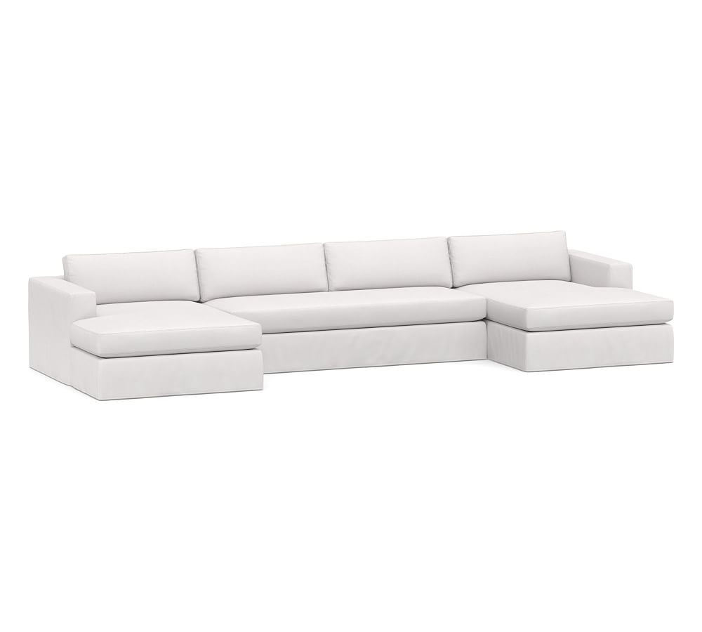 Carmel Square Arm Slipcovered U-Wide Chaise Sofa Sectional with Bench Cushion, Down Blend Wrapped Cushions, Twill White - Image 0