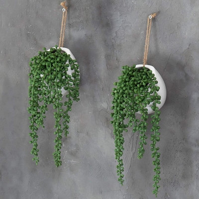 Artificial String Of Pearls Plants In White Ceramic Wall-Hanging Planters, Set Of 2 - Image 0