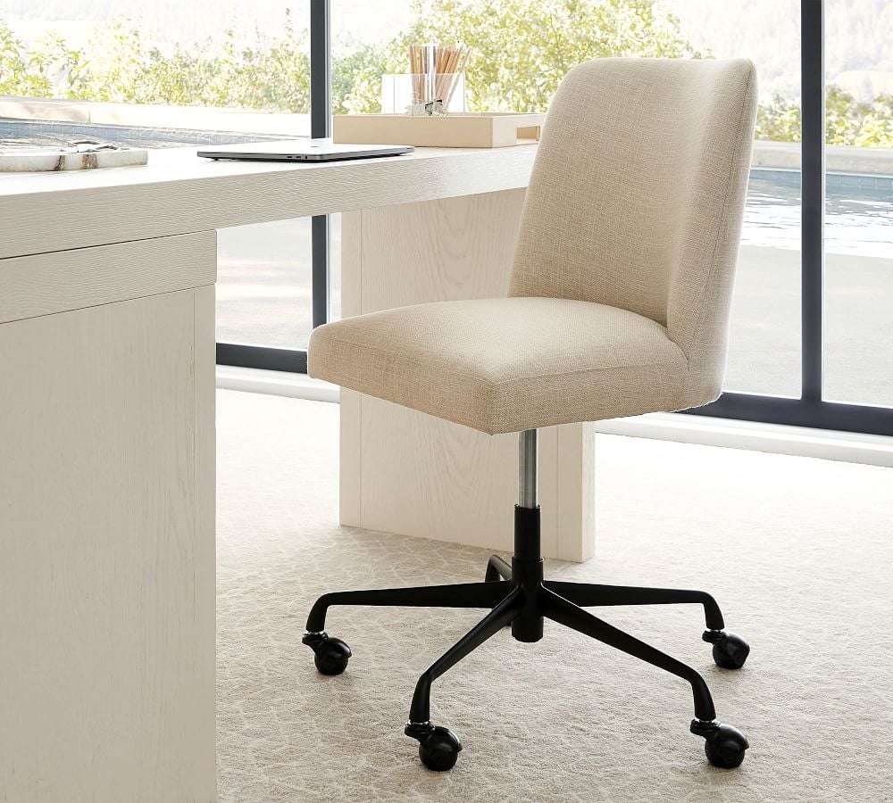 Layton Upholstered Swivel Desk Chair, Black Base, Basketweave Slub Oatmeal - Image 1