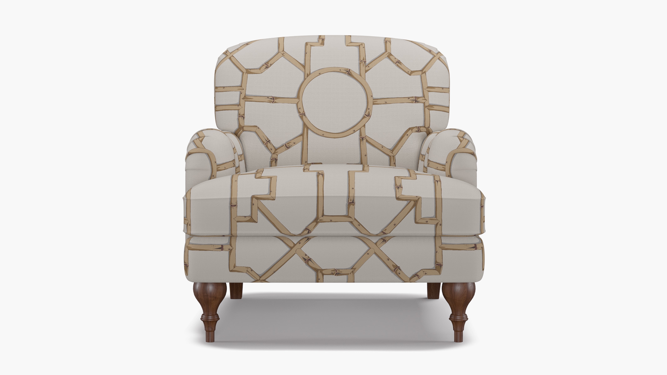 English Roll Arm Chair, Tan Baldwin Bamboo, Walnut Turned Wood Leg - Image 0