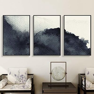 Panels Abstract Zen Ink, Floater Frame Painting on Canvas, Set of 3 - Image 1