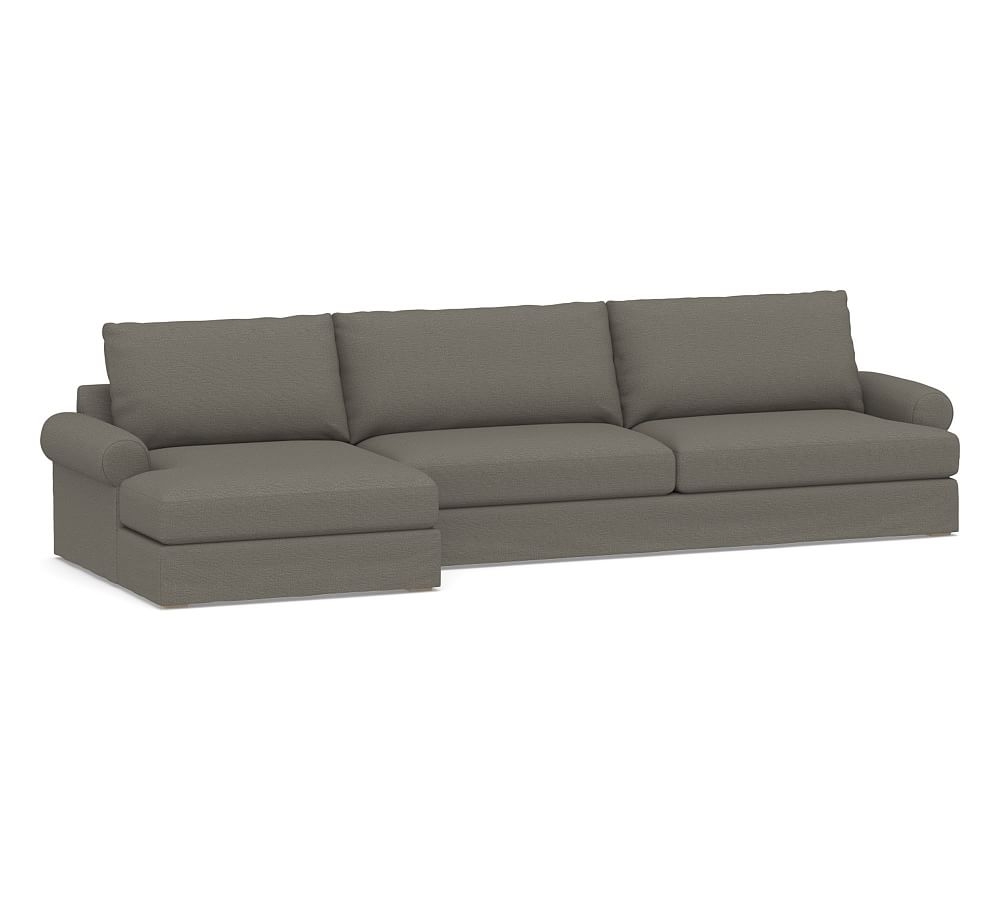 Canyon Roll Arm Slipcovered Right Arm Sofa with Double Chaise Sectional, Down Blend Wrapped Cushions, Chunky Basketweave Metal - Image 0