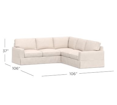 PB Comfort Square Arm Slipcovered 3-Piece L-Shaped Corner Sectional, Box Edge, Down Blend Wrapped Cushions, Chenille Basketweave Taupe - Image 1