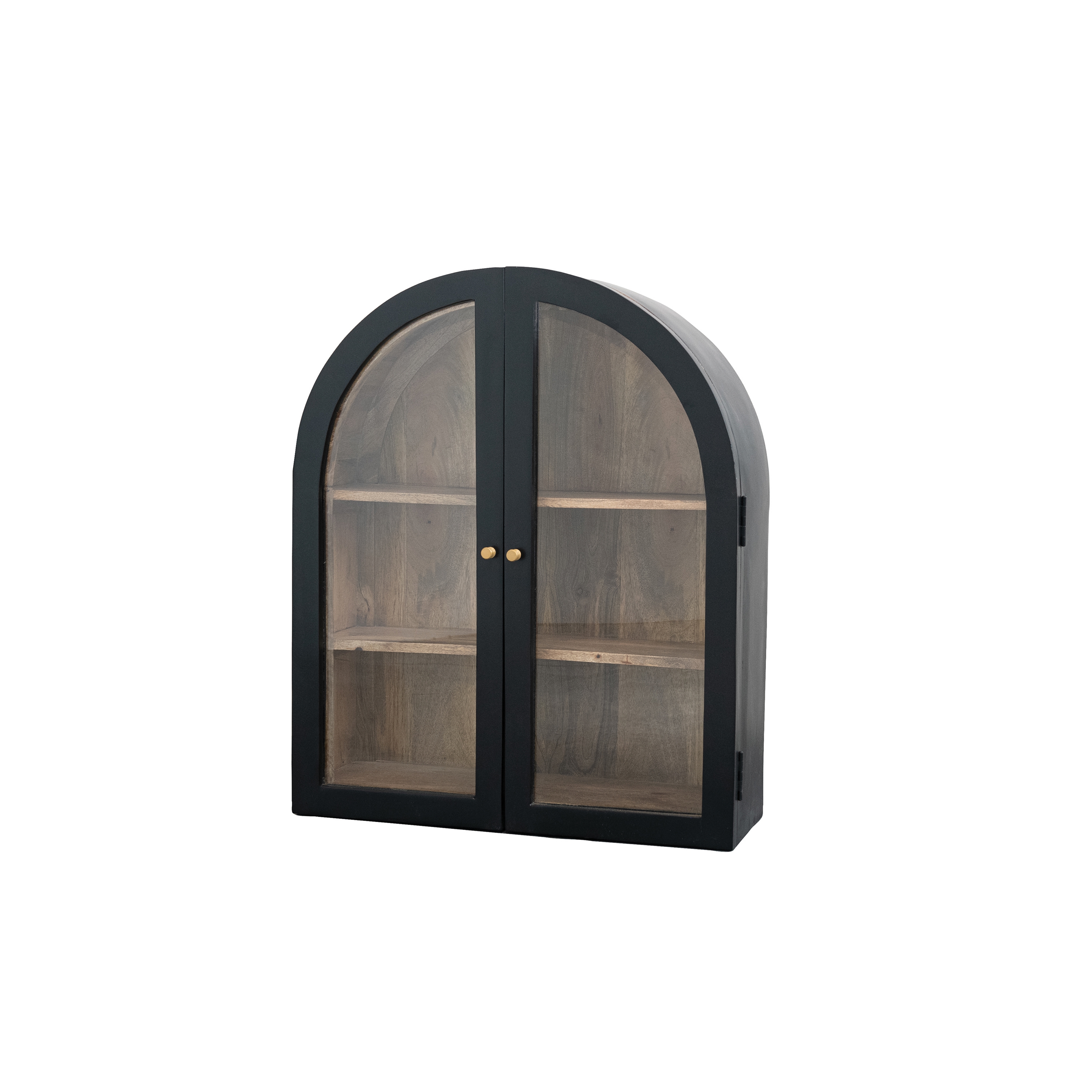 Arched Mango Wood Cabinet with 3 Shelves and Metal Brass Finish Knobs, Black and Natural - Image 0