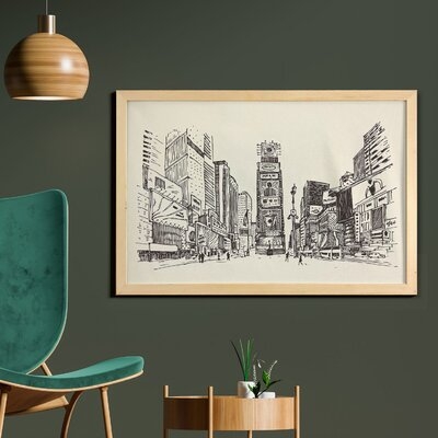 Ambesonne NYC Wall Art With Frame, Sketchy Engraving Style Drawing Of Times Square Urban Famous Scene Towers Print, Printed Fabric Poster For Bathroom Living Room Dorms, 35" X 23", Eggshell Taupe - Image 0