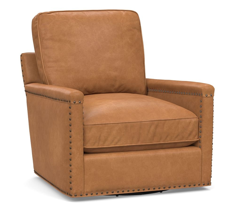 Tyler Square Down Leather Swivel Armchair w/ NH Bronze Churchfield Camel - Image 0