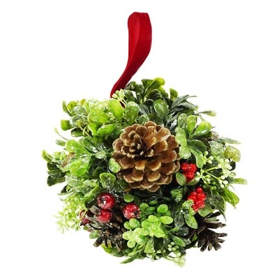 Glittered Artificial Boxwood Berry and Pine Cone Christmas Kissing Topiary Ball - Image 0