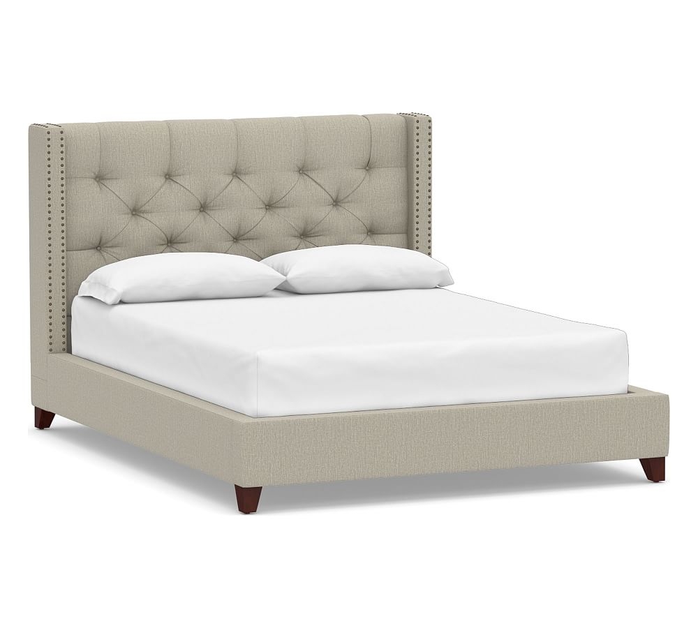 Harper Tufted Upholstered Low Bed with Bronze Nailheads, California King, Chenille Basketweave Pebble - Image 0