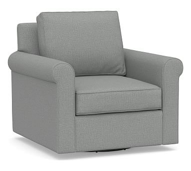 Cameron Roll Arm Upholstered Swivel Armchair, Polyester Wrapped Cushions, Performance Brushed Basketweave Chambray - Image 0