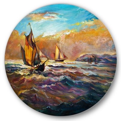 Boats On The Ocean During Evening Sunset II - Nautical & Coastal Metal Circle Wall Art - Image 0