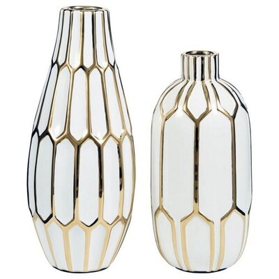 Vase With Honeycomb Geometric Design, Set Of 2, White And Gold - Image 0