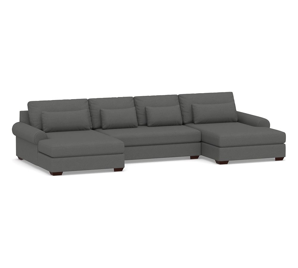 Big Sur Roll Arm Upholstered Deep Seat U-Double Chaise Loveseat SCT with Bench Cushion, Down Blend Wrapped Cushions, Park Weave Charcoal - Image 0