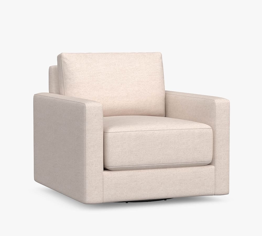 Cove Square Arm Upholstered Swivel Armchair, Down Blend Wrapped Cushions, Chenille Basketweave Pebble - Image 0