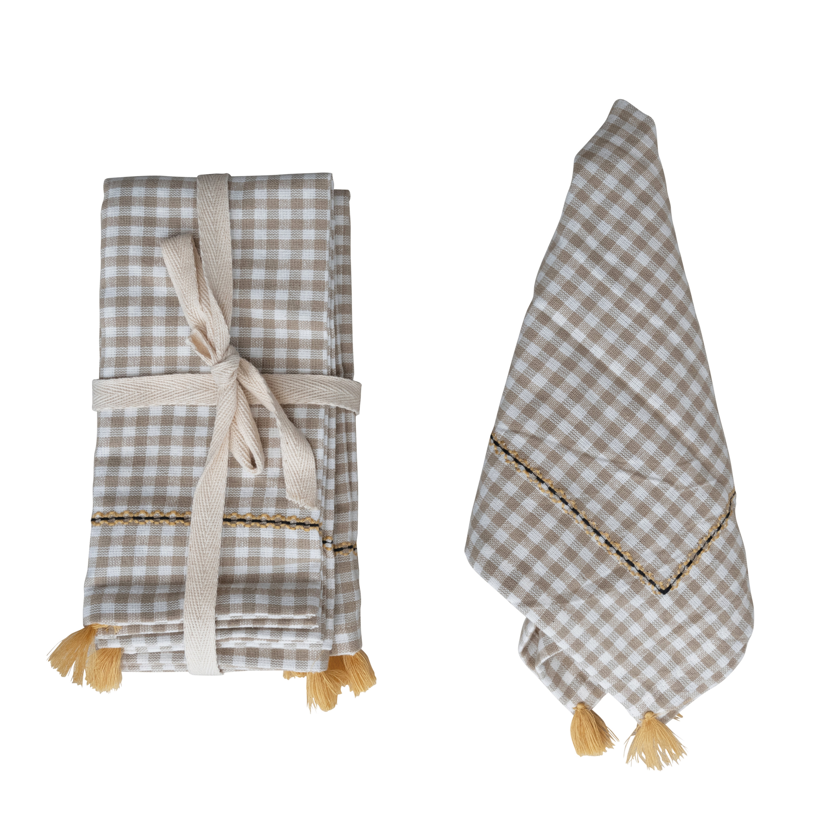  Gingham Cotton Napkins with Embroidery and Tassels, Set of 4, White and Beige - Image 0