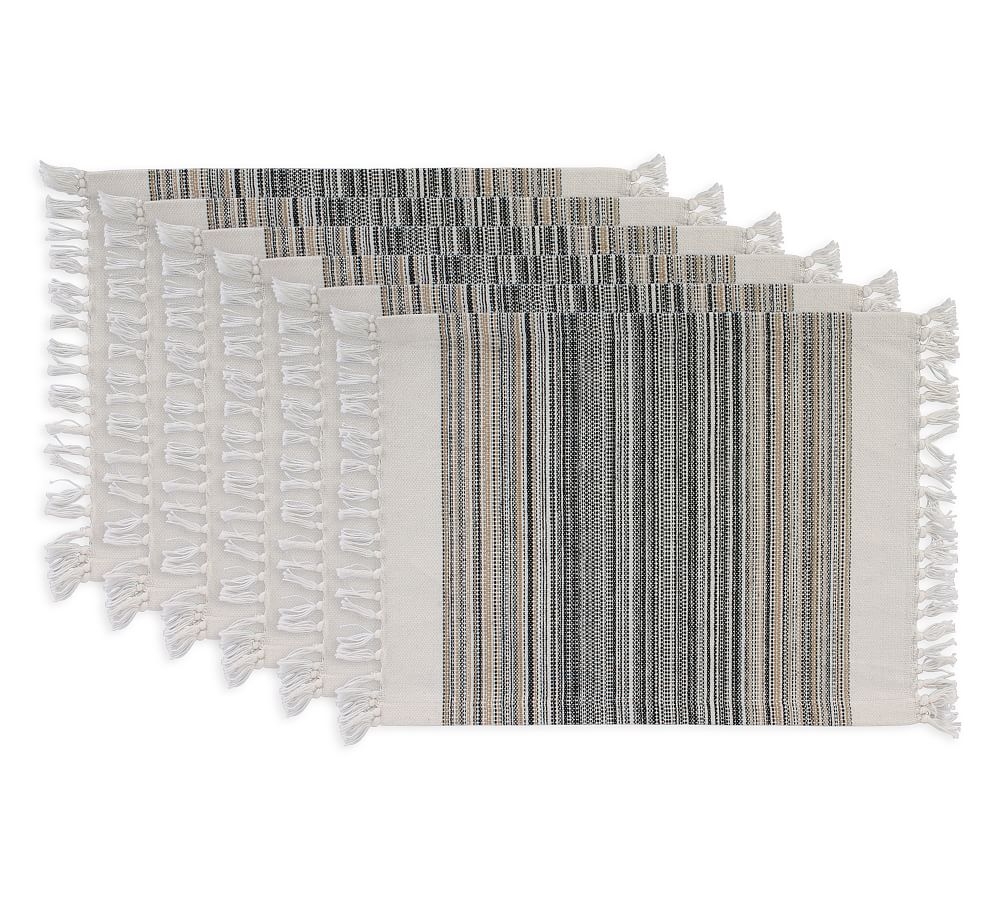 Striped Cotton Fringe Placemats, Set of 6 - Black - Image 0