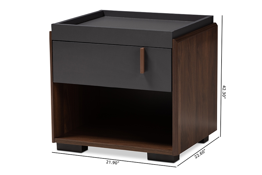 Rikke Modern and Contemporary Two-Tone Gray and Walnut Finished Wood 1-Drawer Nightstand - Image 8