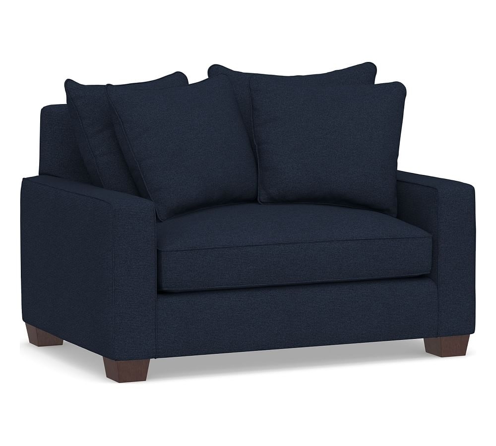 PB Comfort Square Arm Upholstered Twin Sleeper Sofa, Box Edge, Memory Foam Cushions, Performance Heathered Basketweave Navy - Image 0