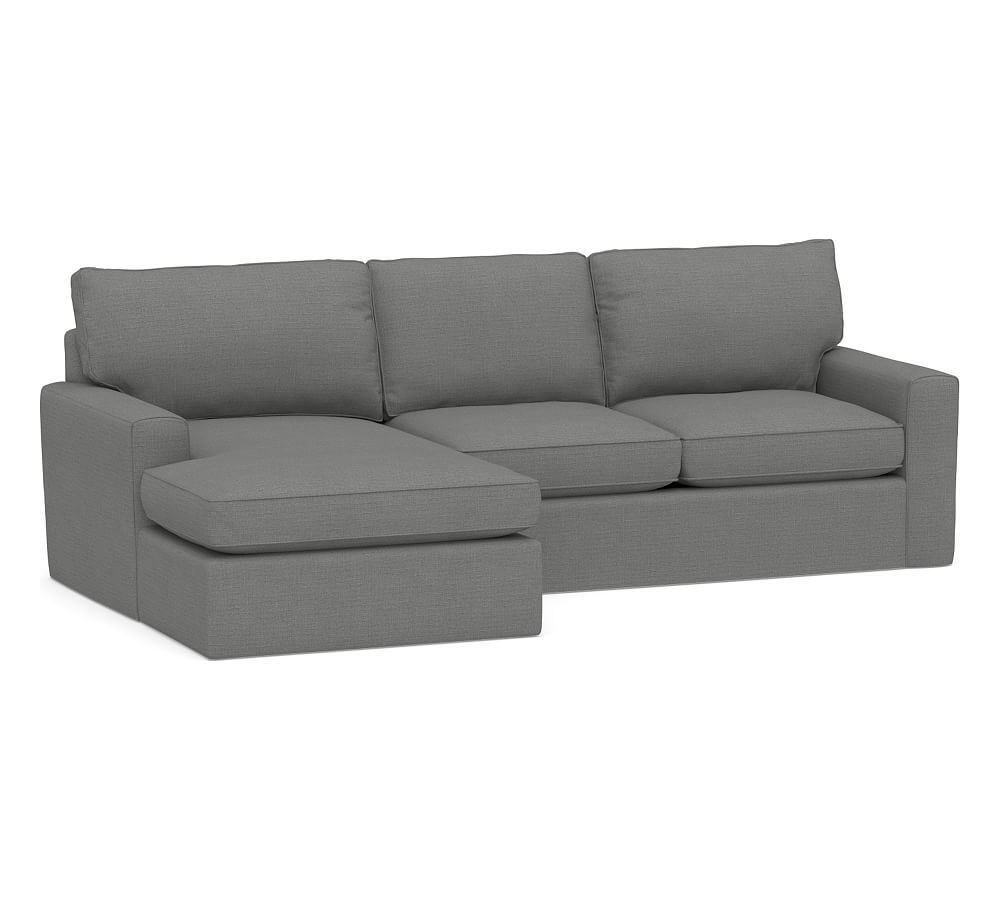 Pearce Square Arm Slipcovered Right Arm Loveseat with Double Chaise Sectional, Down Blend Wrapped Cushions, Basketweave Slub Charcoal - Image 0