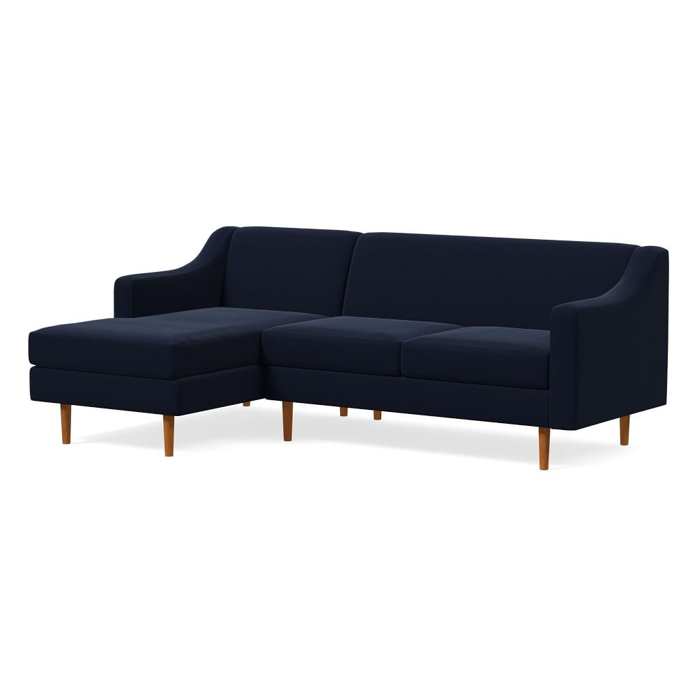 Olive 86" Left Standard Back 2-Piece Chaise Sectional, Swoop Arm, Distressed Velvet, Ink Blue, Pecan - Image 0