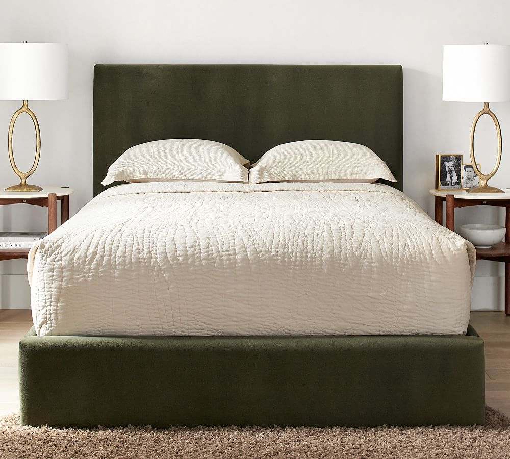 Raleigh Square Upholstered Low Platform Bed without Nailheads, King, Performance Heathered Velvet Olive - Image 0
