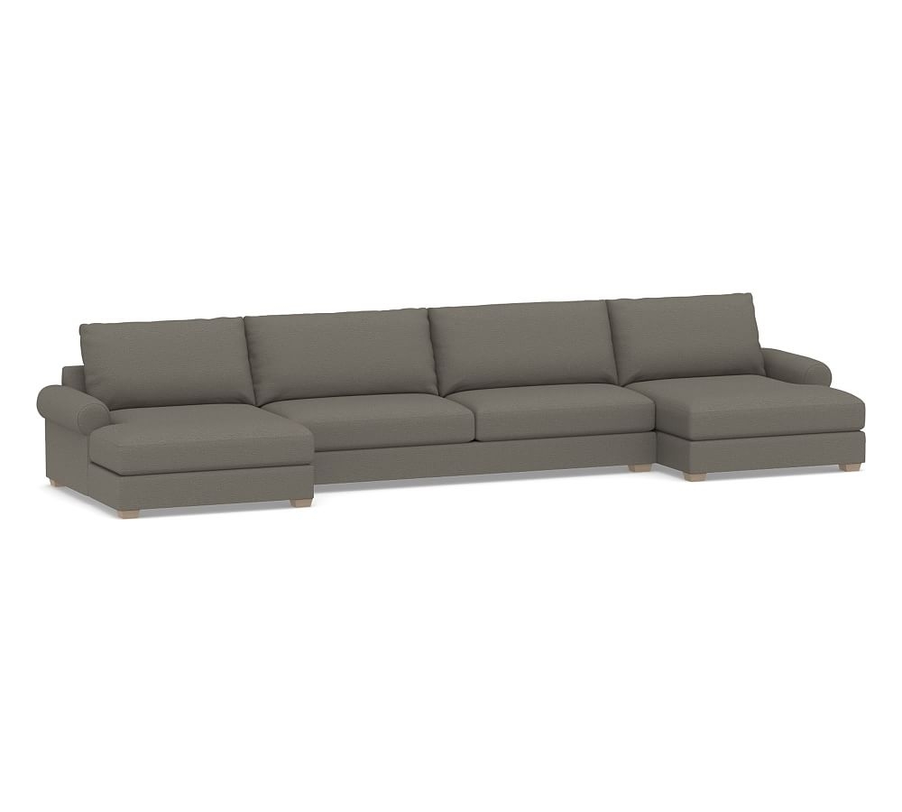 Canyon Roll Arm Upholstered U-Double Chaise Sofa Sectional, Down Blend Wrapped Cushions, Chunky Basketweave Metal - Image 0
