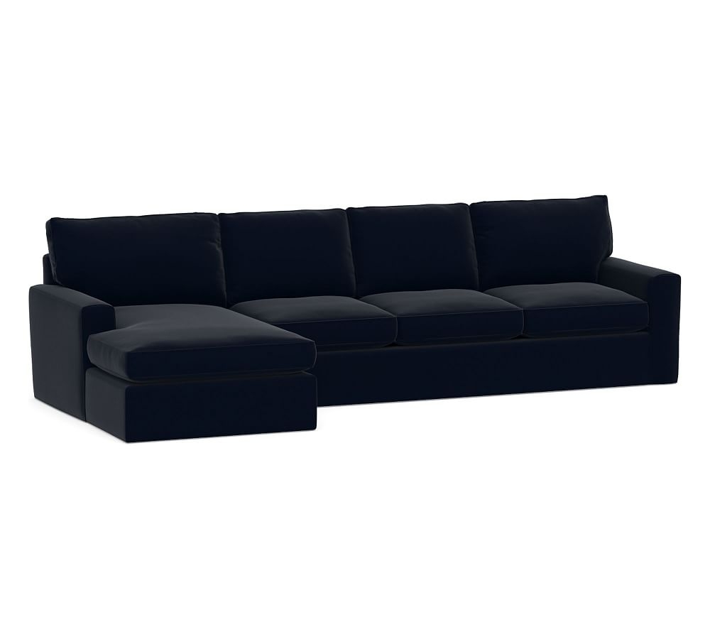Pearce Square Arm Slipcovered Right Arm Sofa with Double Chaise Sectional, Down Blend Wrapped Cushions, Performance Plush Velvet Navy - Image 0