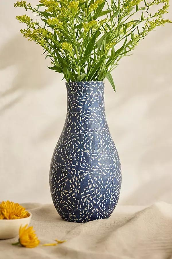 Patterned Papier Mache Vase, Blue Small - Image 0