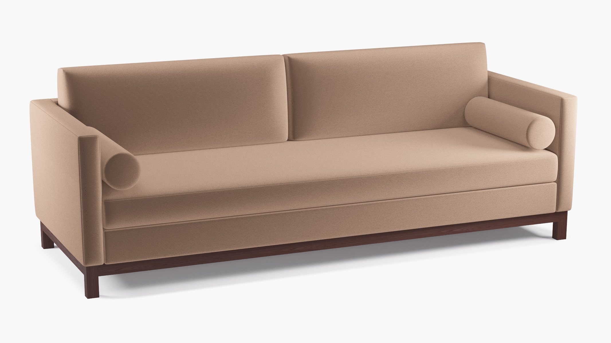 Tailored Tuxedo Sofa, Mink Performance Plush Velvet, Espresso Wood Rail - Image 1
