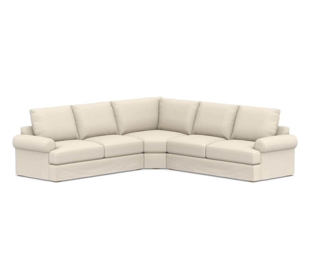 Canyon Roll Arm Slipcovered 3-Piece L-Shaped Wedge Sectional, Down Blend Wrapped Cushions, Performance Brushed Basketweave Ivory - Image 0
