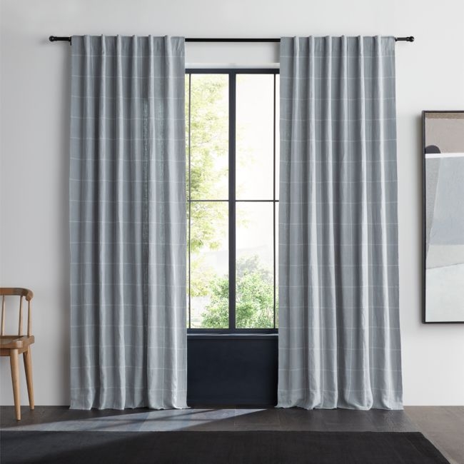 Mist Blue & Crisp White Linen Double Pinstripe Grid Window Curtain Panel 52"x120" - Image 0