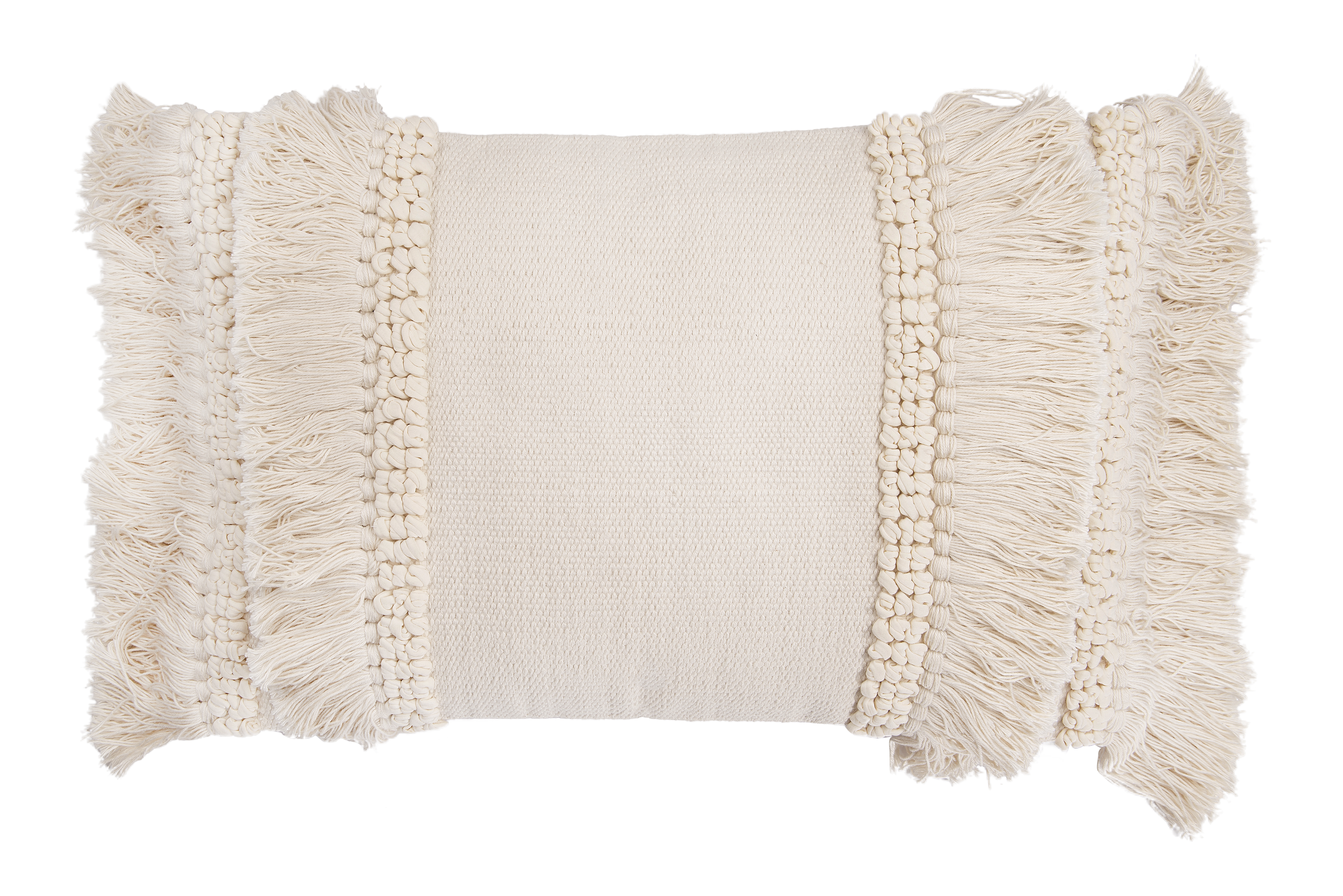 Cream Cotton & Chenille Woven Lumbar Pillow with Long Fringe - Image 0