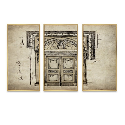 Antique Door Old Style Sketch I - Traditional Framed Canvas Wall Art Set Of 3 - Image 0