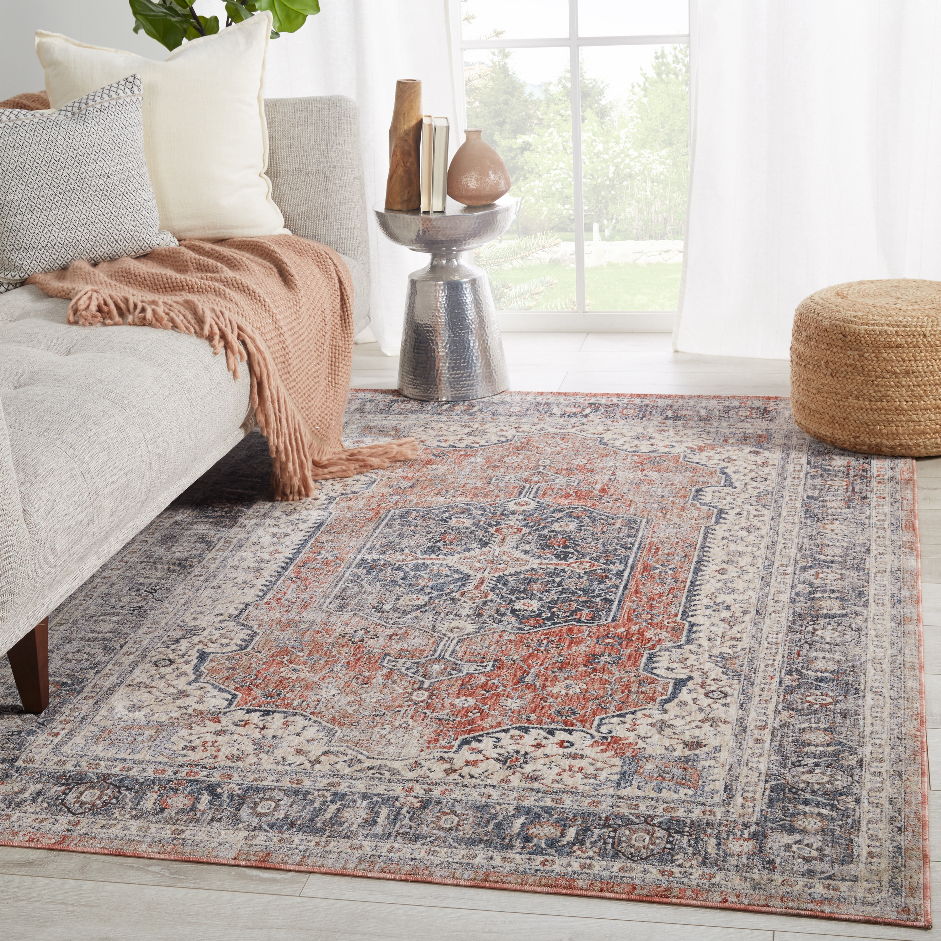 Vibe by Temple Medallion Gray/ Red Area Rug (5'3"X7'6") - Image 4