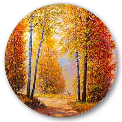 Morning Sunlight Through The Autumn Trees - Lake House Metal Circle Wall Art - Image 0
