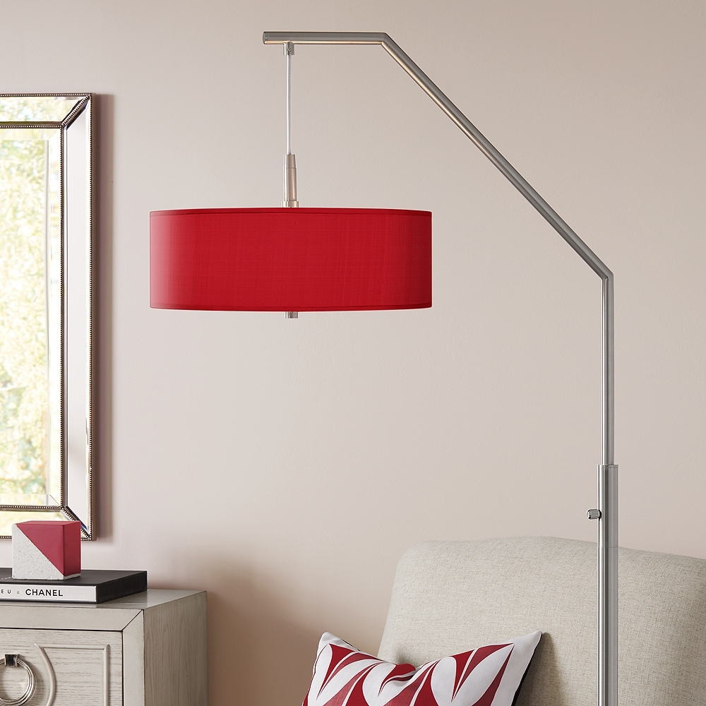 Possini Euro Red Textured Faux Silk Modern Arc Floor Lamp - Image 0