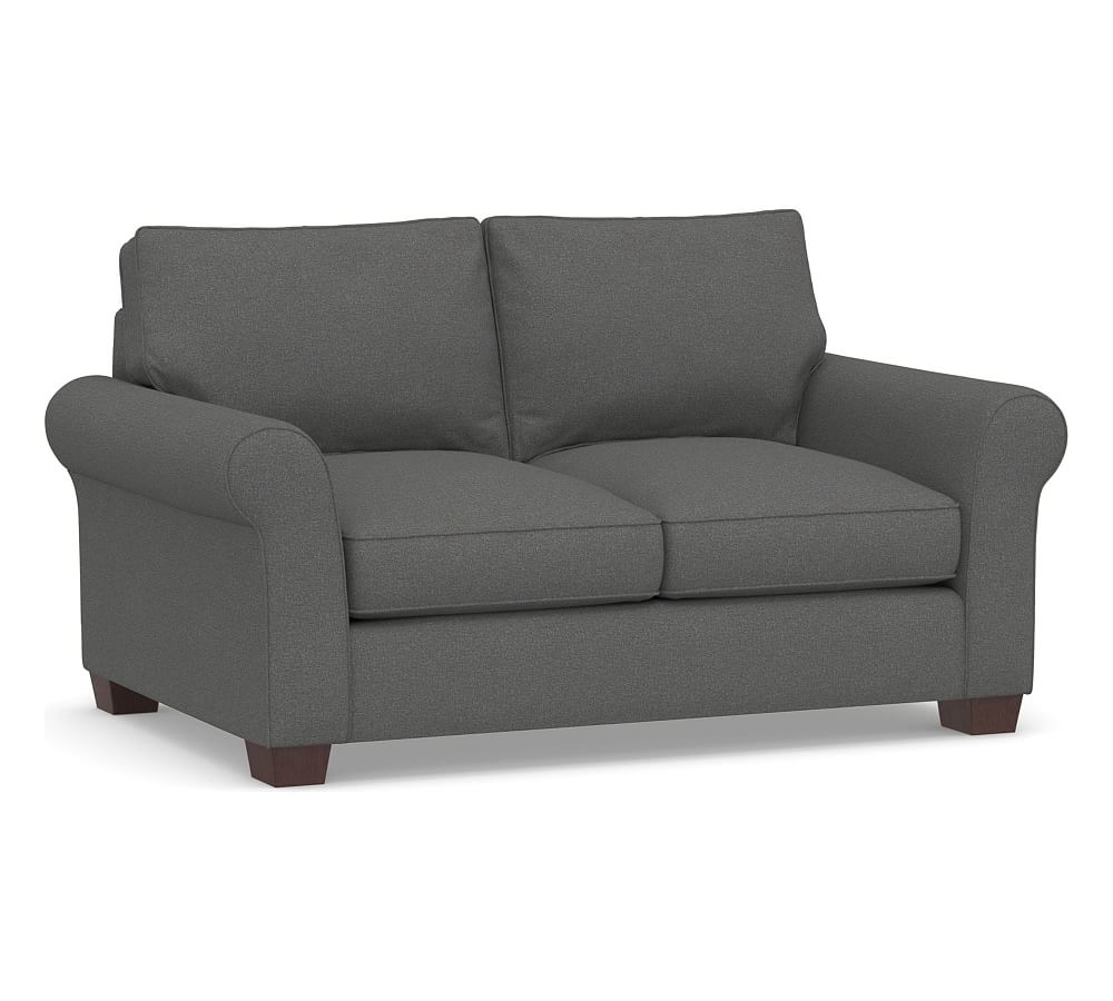 PB Comfort Roll Arm Upholstered Loveseat 68", Box Edge Down Blend Wrapped Cushions, Park Weave Charcoal - Image 0