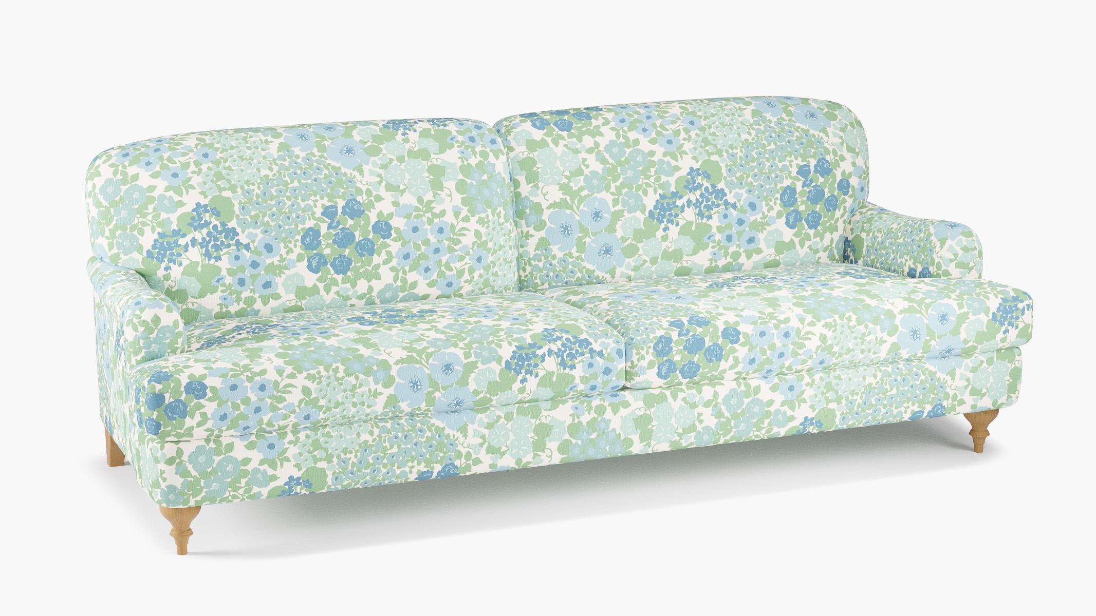 English Roll Arm Sofa, Mist Million Flowers, Natural Turned Wood Leg - Image 1