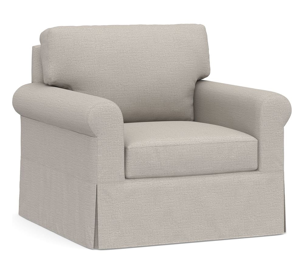 York Roll Arm Slipcovered Swivel Armchair, Down Blend Wrapped Cushions, Chunky Basketweave Stone - Image 0