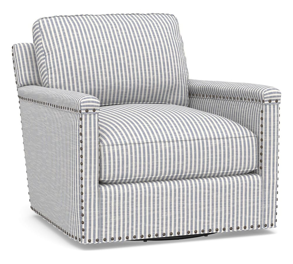 Tyler Square Arm Upholstered Swivel Armchair with Nailheads, Down Blend Wrapped Cushions, Classic Stripe Blue - Image 0