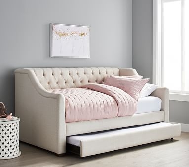 Tufted Daybed with Trundle , Twin, Chenille Tweed, White - Image 1