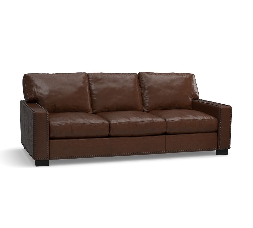 Turner Square Arm Leather Sofa with Nailheads, Down Blend Wrapped Cushions Churchfield Camel - Image 0