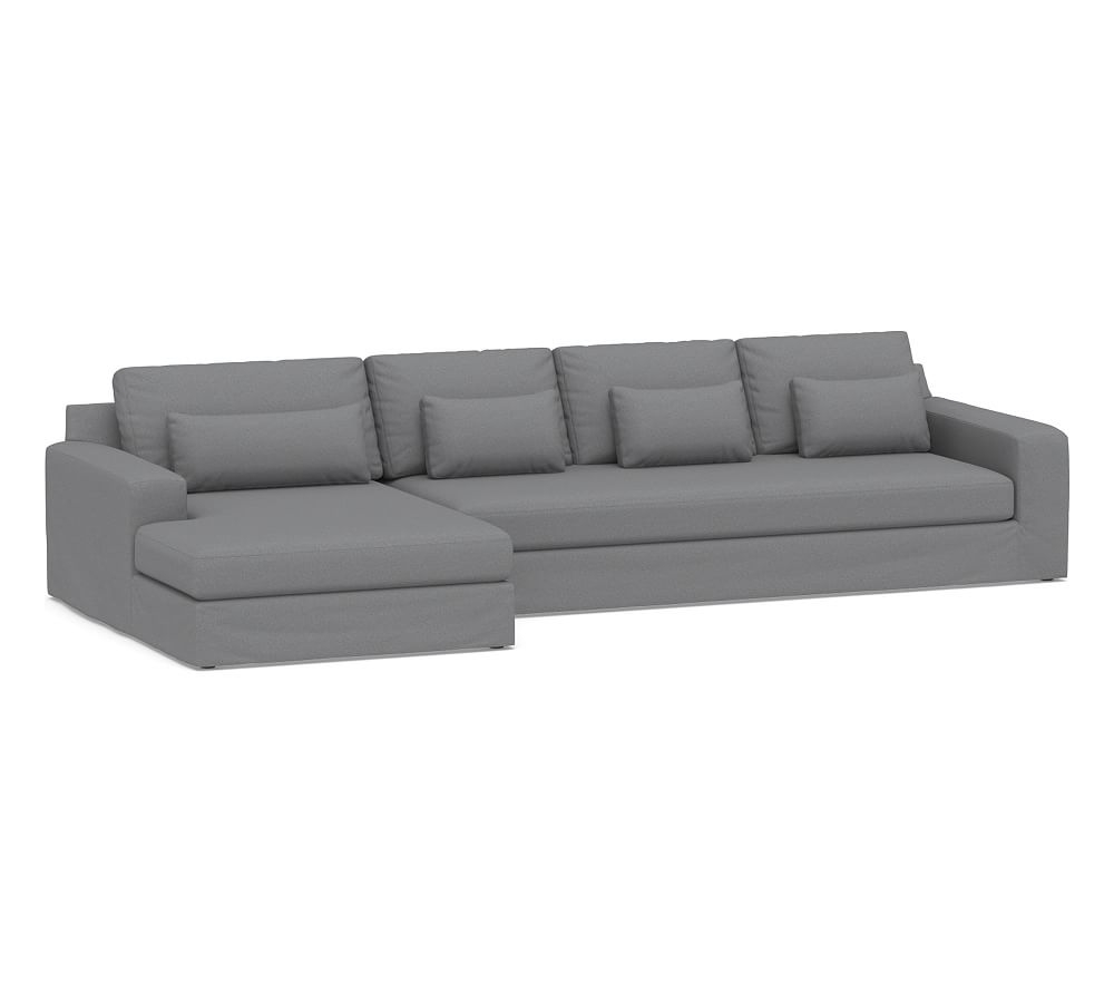 Big Sur Square Arm Slipcovered Deep Seat Right Arm Grand Sofa with Double Chaise Sectional and Bench Cushion, Down Blend Wrapped Cushions, Textured Twill Light Gray - Image 0