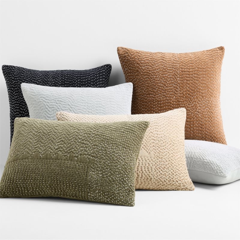 Sashiko Organic Cotton Velvet 20x20 Mist Blue Throw Pillow with Feather Insert - Image 1
