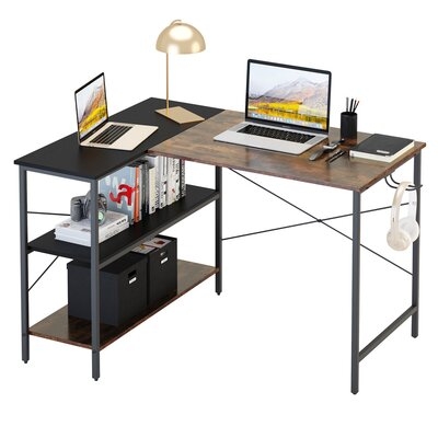 L Shape Writing Table Desk Metal And Wood Computer Desk PC Laptop Table Industrial Corner Desk Table With 2 Tier Open Shelves And Freely Installed Hook Black And Brown - Image 0