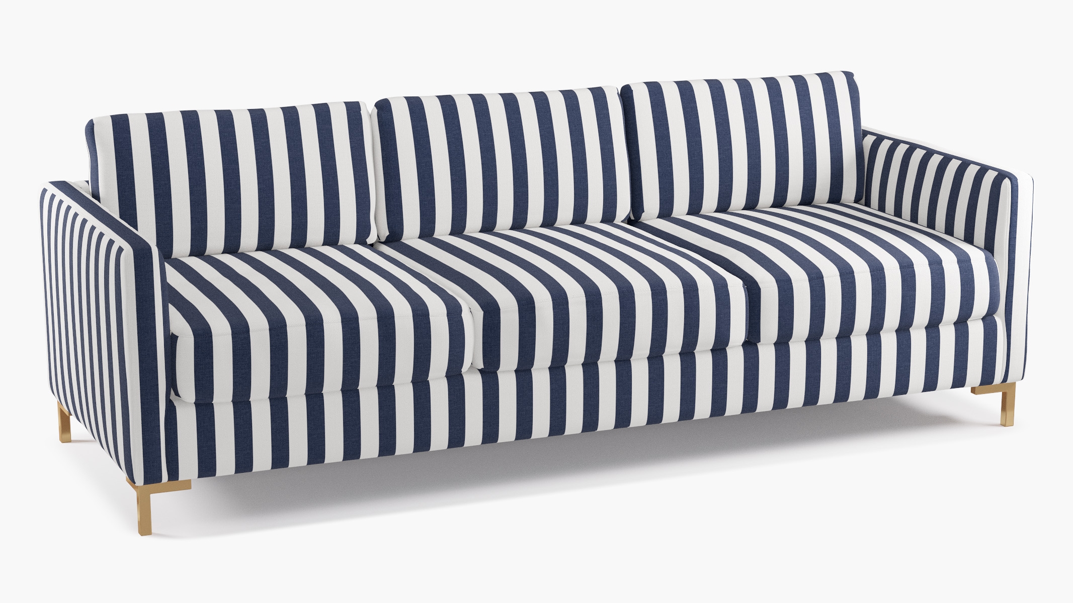 Modern Sofa, Navy Cabana Stripe, Brass L Leg - Image 1