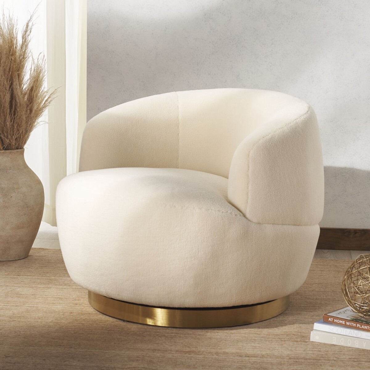 Flynn Faux Lamb Wool Swivel Chair - Ivory/Gold - Image 1