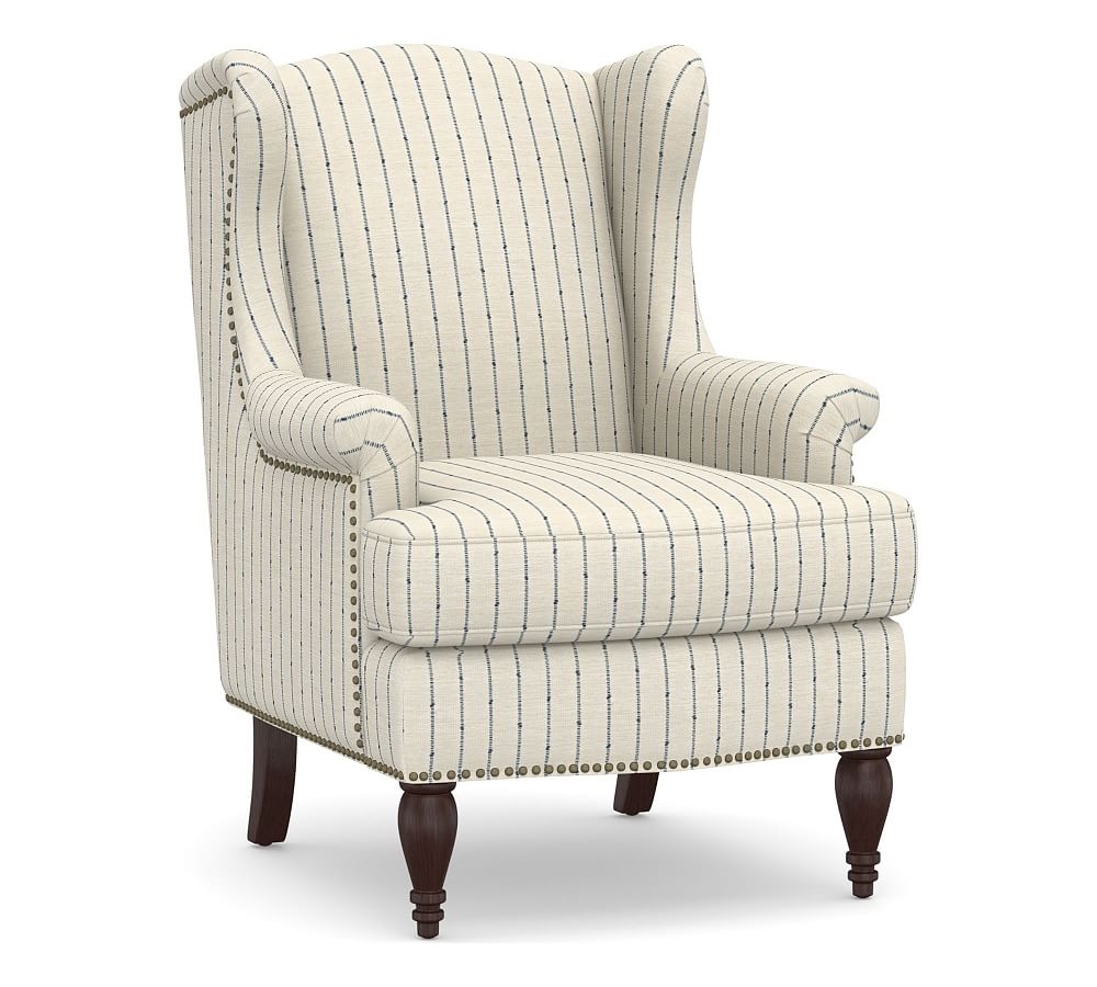 SoMa Delancey Upholstered Wingback Armchair, Polyester Wrapped Cushions, Slubby Pinstripe Blue - Image 0