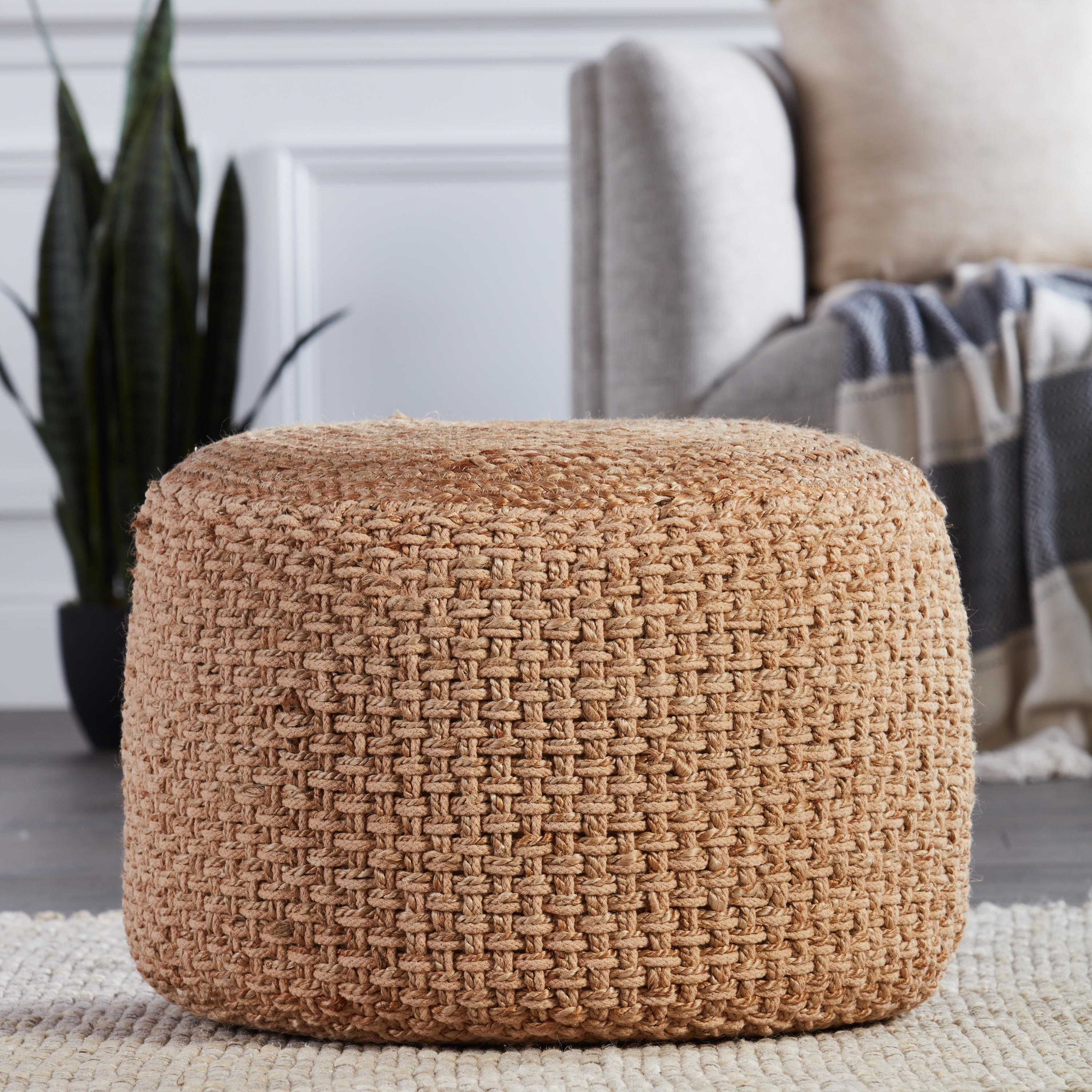 Kealani Trellis Beige Cylinder Pouf - Image 1