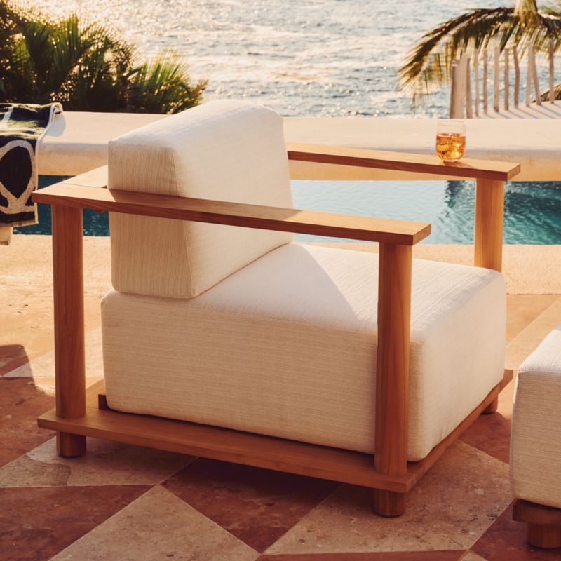 Pinet Teak Outdoor Lounge Chair with Textured Ivory Perennials® Cushions - Image 1